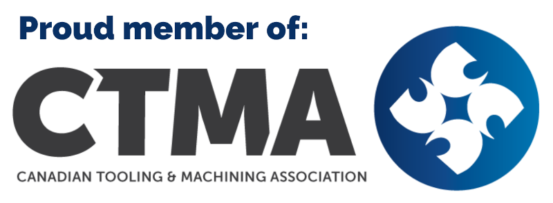 Logo with the text Proud member of: CTMA Canadian Tooling & Machining Association next to a blue circular emblem with four white interlocking shapes in the center.