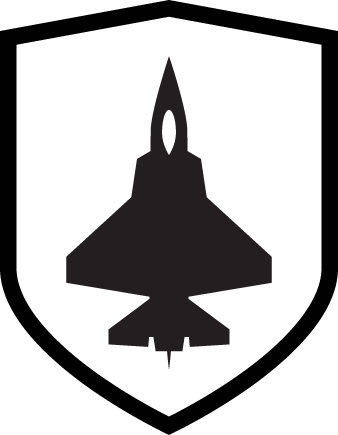 A black icon of a jet fighter centered inside a shield representing Aerospace.