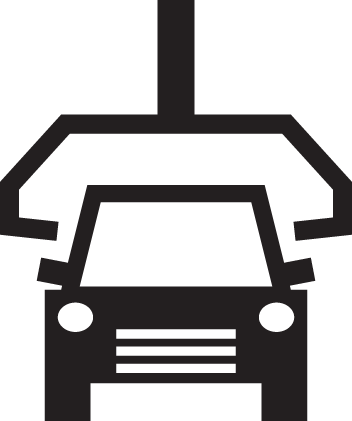 Black and white icon depicting a car being assembled at a plant representing Automotive.