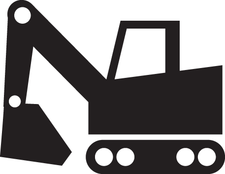 Black and white icon of an excavator viewed from the side representing Construction Equipment.