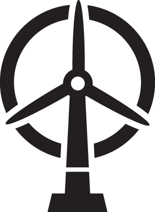 Black and white icon of a wind turbine representing Energy and Power Generation.