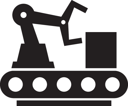 A black and white icon of a robotic arm picking up a box from a conveyor belt representing Job Shops.