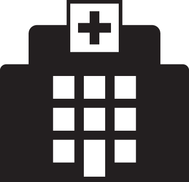 Black and white icon of a hospital with a cross and windows representing Medical.