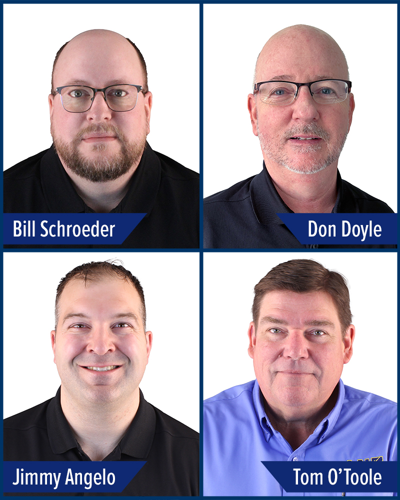 BillS_DonD_JimmyA_TomO_Press-Release-Profile_web A grid of six men in collared shirts, each in a separate square with their name displayed: Michael Gregory, Bill Schroeder, Don Doyle, Jimmy Angelo, Stan Pearson, and Tom O’Toole. All are facing forward and smiling.
