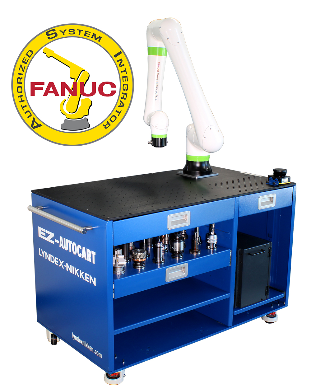 FANUC-Authorized-System-Integrator-Machine-Tending-Press-Release-Web-1000x1250 Six metal tool holders of various sizes are arranged upright, with a black spanner wrench and two collets placed in front of them, all displayed on a plain white background.