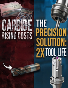 A split image shows stacks of cash, a calculator, and a worn drill bit on the left, and precision tools on the right with text: Carbide prices are surging. The Precision Solution: Upgrading to High-Precision Tools for 2X Tool Life.
