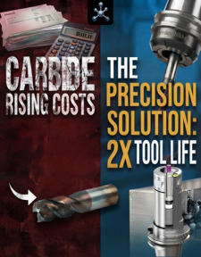 A split image highlights the rising cost of carbide with cash, a calculator, and a broken drill bit on the left, contrasted by precision tools and the text "Carbide Rising Costs. The Precision Solution: 2X Tool Life" on the right.