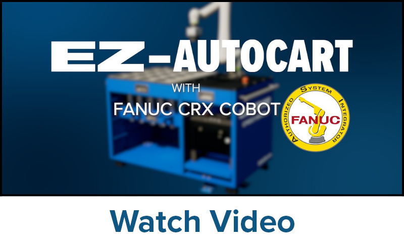 A blue automated cart with storage compartments is positioned inside a job shop. The text EZ-AUTOCART appears at the top center, with a play button icon overlayed. Below is the text Watch Video.