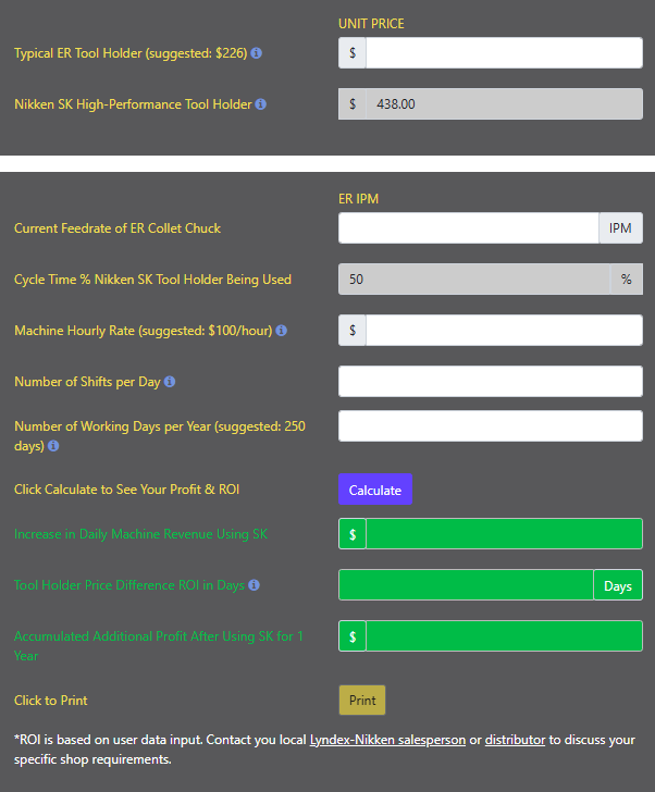 Screenshot of an online Presetter calculator for CNC machine cost and ROI. Various fields with numbers are filled in, and the results show average costs saved per year as $83,333 and ROI in months as 5.5.