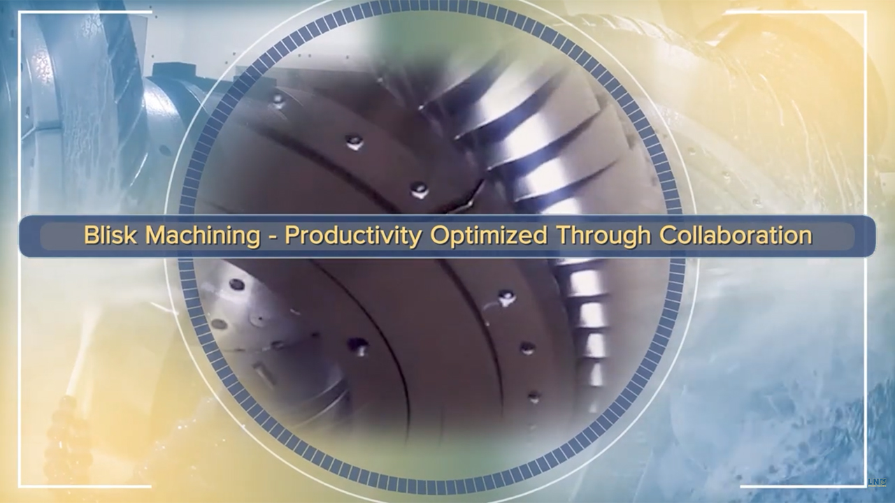 Close-up of a metallic blisk with text overlay: "Blisk Machining - Productivity Optimized Through Collaboration". The background has blue and yellow tones with technical graphics and a circular frame around the image.